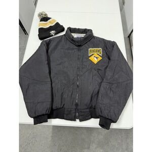 Pittsburgh Penguins Satin Bomber Jacket Black Yellow Outerwear w/ free beanie